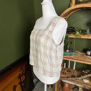 Madewell Plaid Linen Blend Button Back Cream and White Sleeveless Women's Top